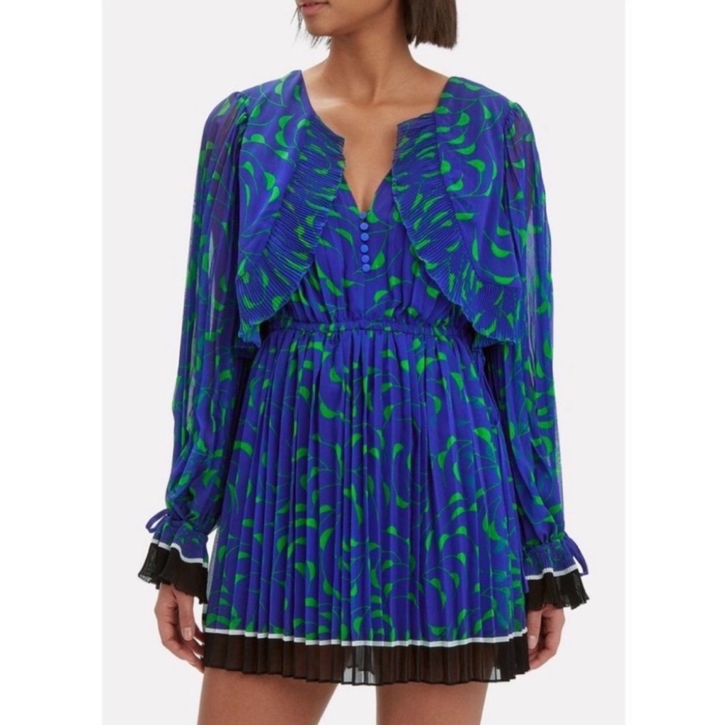 Self Portrait Crescent Chiffon Pleated Mini Dress Blue Green Print Us 2